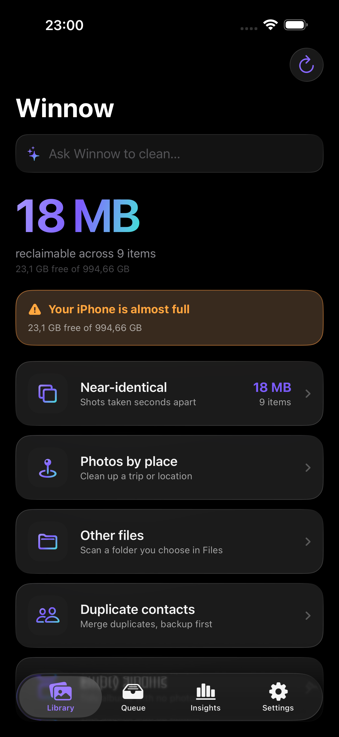 Winnow dashboard showing reclaimable iPhone storage by category